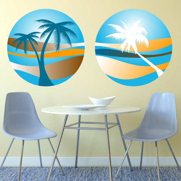 PALM TREE SUNSET 2 PACK WALL STICKER HOLIDAY PARADISE BEACH TROPICAL RETRO