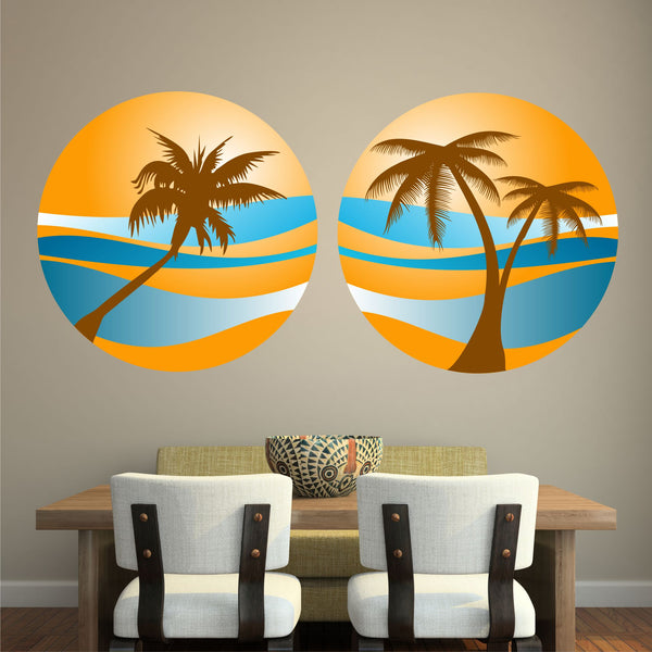 PALM TREE SUNSET 2 PACK WALL STICKER HOLIDAY PARADISE BEACH TROPICAL RETRO