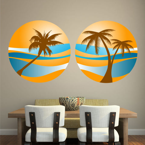 PALM TREE SUNSET 2 PACK WALL STICKER HOLIDAY PARADISE BEACH TROPICAL RETRO