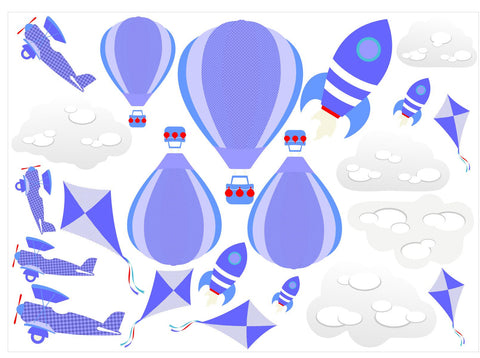 Hot Air Balloons, Planes, Kites & Rockets Wall Art Sticker Kit Decal Nursery