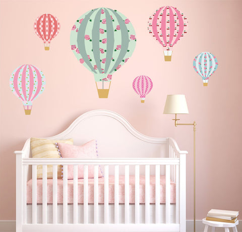 Hot Air Balloons Vintage Floral Wall Art Sticker Kit Decal Graphic Cute Nursery