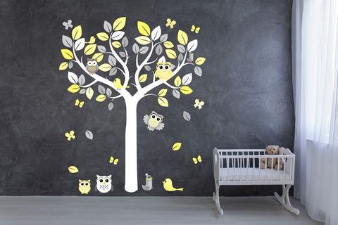 TREE OWLS BIRDS WALL STICKER grey lemon yellow unisex nursery decal art graphic