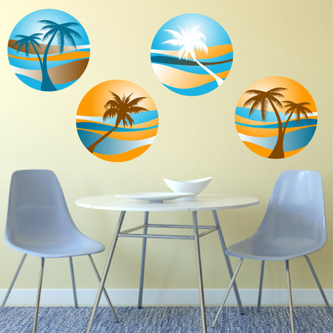 PALM TREE SUNSET 4 PACK WALL STICKER HOLIDAY PARADISE BEACH TROPICAL RETRO