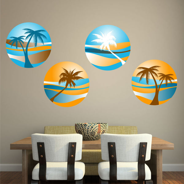 PALM TREE SUNSET 4 PACK WALL STICKER HOLIDAY PARADISE BEACH TROPICAL RETRO