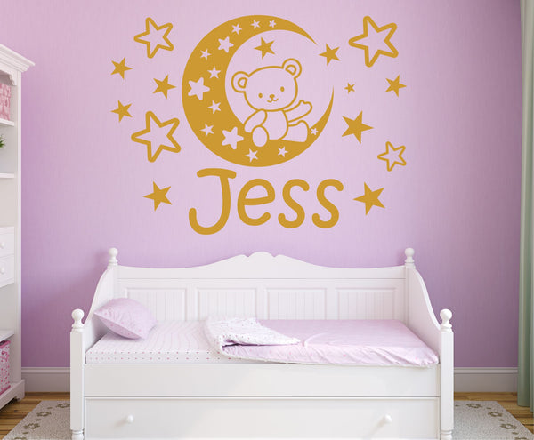 Personalised Teddy Bear Moon Stars wall sticker art decal graphic 4 size nursery