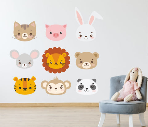 PASTEL ANIMAL CUTE Faces Wall Stickers Decals Nursery Children's Bedroom