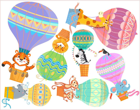 Hot Air Balloons Zoo Animals Wall Art Sticker Kit Decal Graphic Cute Nursery