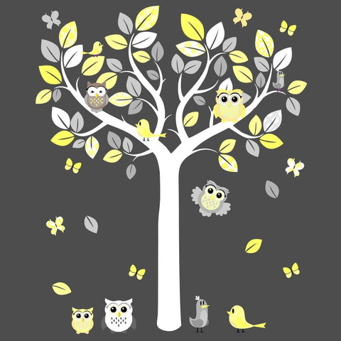 TREE OWLS BIRDS WALL STICKER grey lemon yellow unisex nursery decal art graphic