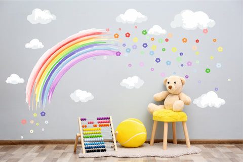 PASTEL WATERCOLOUR rainbow & flowers wall stickers decal