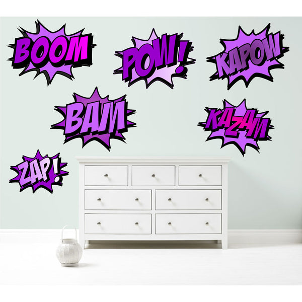 Superhero COMIC WORDS RETRO KAPOW BOOM ZAP BAM Purple Wall Art Sticker Kit decal