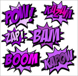 Superhero COMIC WORDS RETRO KAPOW BOOM ZAP BAM Purple Wall Art Sticker Kit decal